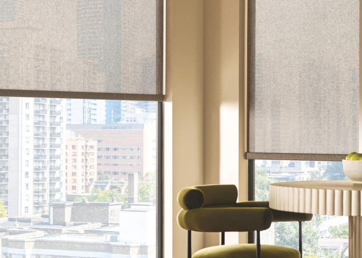 Designer Roller Shades — streamlined fabric shades for a simple, modern look. Ask about Skyline® panels for wider openings. Hunter Douglas.
