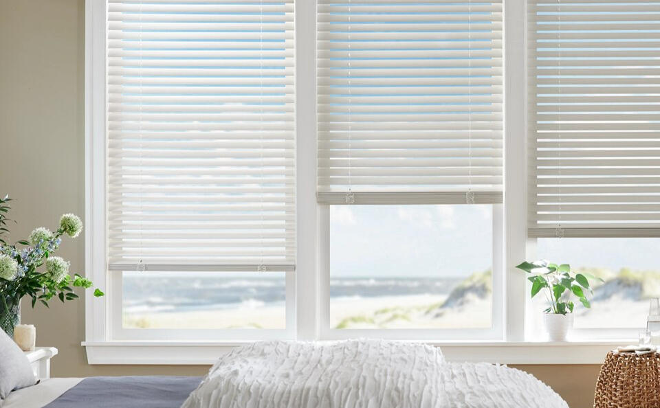 Alta Wood Blinds — natural wood character with adjustable horizontal slats.